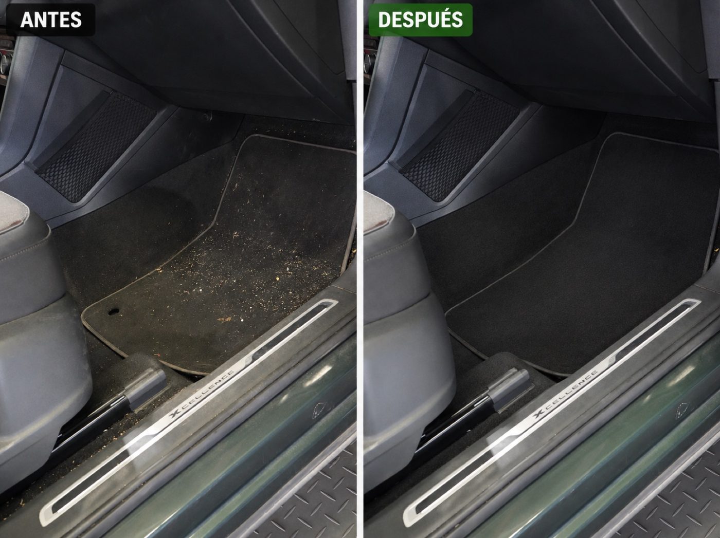Moqueta del conductor antes y después de una limpieza interior en nuestro centro