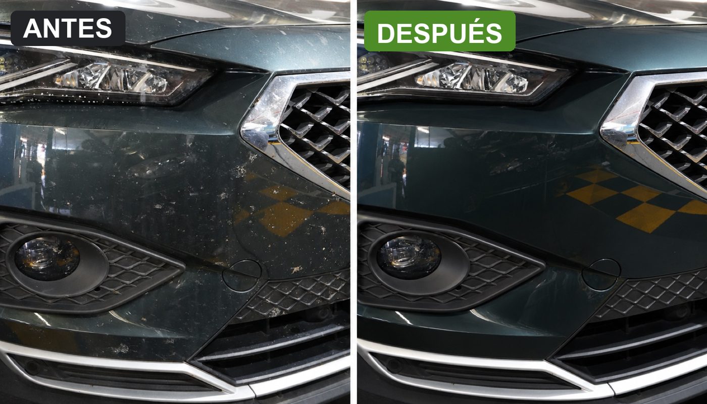 Frontal de un coche antes y después del lavado sin agua en nuestro centro de Algeciras